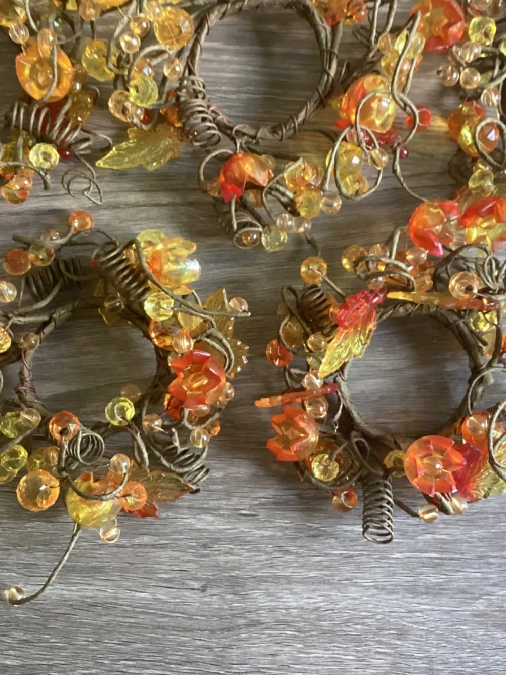 5 Beaded Amber Lucite Fall Leafs Flowers Grapevine Cluster Napkin Candle Rings